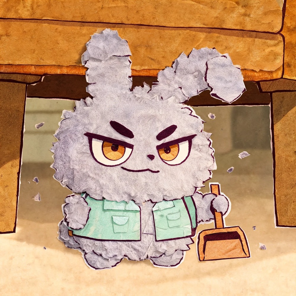 Dust Bunny with a mint vest and copper dustpan